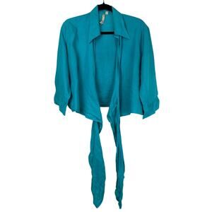 Comfy USA Blue Tie Up Front 3/4 Sleeve Linen Shrug Cardi Jacket M